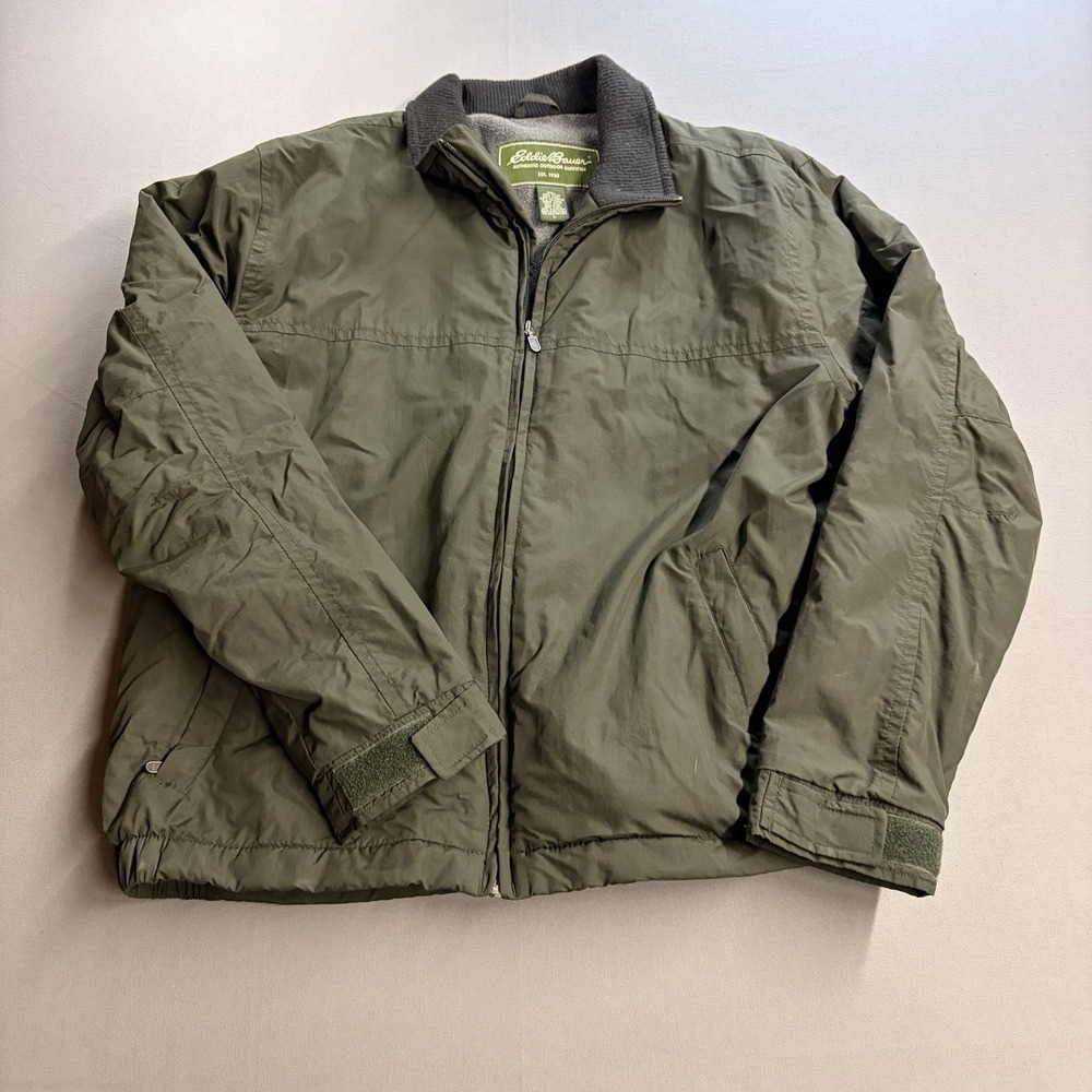 Eddie Bauer Jacket Mens Large Olive Green Fleece Lined Full Zip Mock Neck Coat